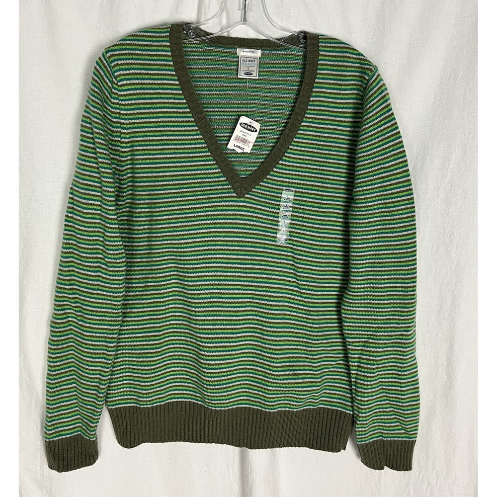 Old Navy Women's Perfect Fit‎ Green Striped Long Sleeve Knit Sweater Size L